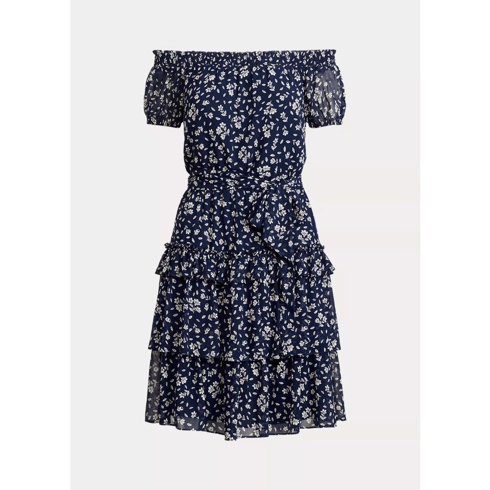 Lauren Ralph Lauren Floral Crinkled Georgette Dress - Blue Cream 16 - Picture 2 of 9